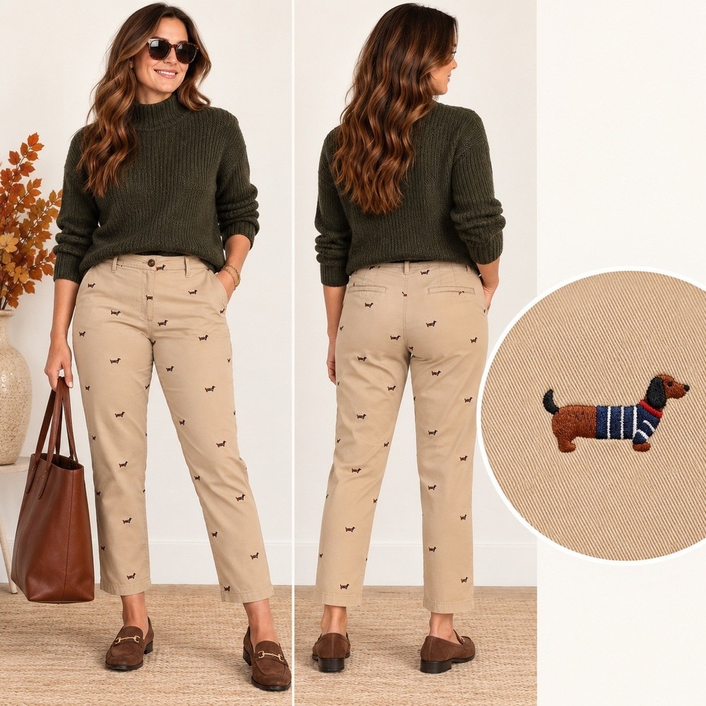 Talbots The Weekend Chino Pants Womens 14 Tan Dachshund Dog Embroidered Preppy